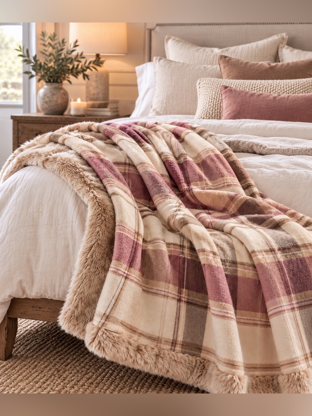 Pottery Barn Heath Plaid Faux Fur Throw Blanket Warm Neutral Beige 50x60